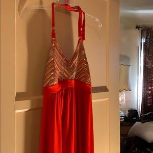 Gorgeous, orange, gold embellished halter dress.